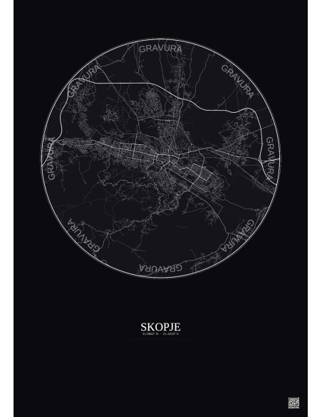 Affiche Skopje – Poster carte de ville 10km | Gravura – Fond foncé