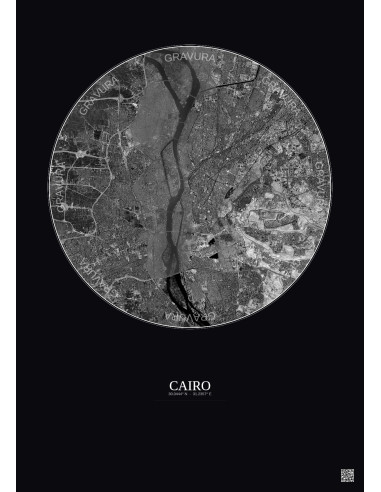 Affiche Cairo – Poster vue satellite 10km N&B | Gravura – Fond foncé