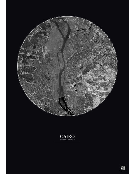 Affiche Cairo – Poster vue satellite 10km N&B | Gravura – Fond foncé