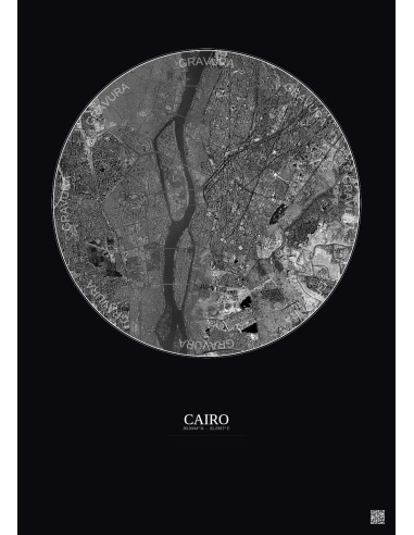 Affiche Cairo – Poster vue satellite 6km N&B | Gravura – Fond foncé