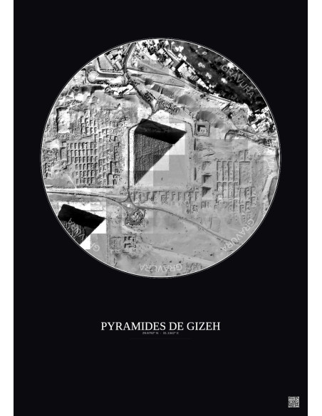 Affiche Pyramides De Gizeh – Poster vue satellite 0.5km N&B | Gravura – Fond foncé