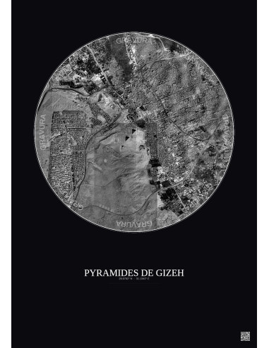 Affiche Pyramides De Gizeh – Poster vue satellite 5km N&B | Gravura – Fond foncé