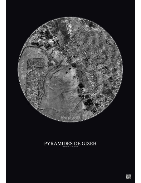 Affiche Pyramides De Gizeh – Poster vue satellite 5km N&B | Gravura – Fond foncé
