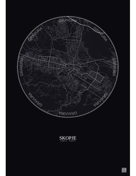 Affiche Skopje – Poster carte de ville 6km | Gravura – Fond foncé
