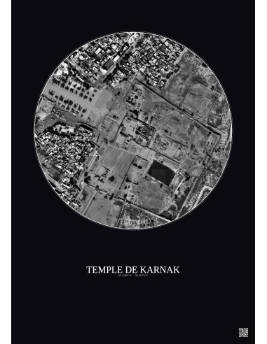 Affiche Temple De Karnak – Poster vue satellite 0.5km N&B | Gravura – Fond foncé
