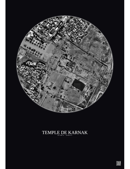 Affiche Temple De Karnak – Poster vue satellite 0.5km N&B | Gravura – Fond foncé
