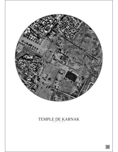 Affiche Temple De Karnak – Poster vue satellite 0.5km N&B | Gravura – Fond clair