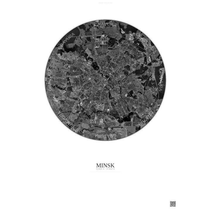 Affiche Minsk – Poster vue satellite 10km N&B | Gravura – Fond clair