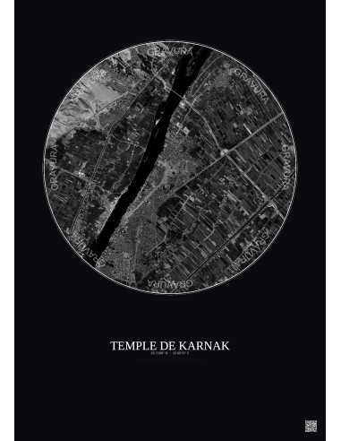 Affiche Temple De Karnak – Poster vue satellite 5km N&B | Gravura – Fond foncé
