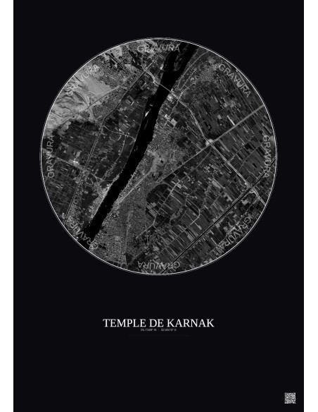 Affiche Temple De Karnak – Poster vue satellite 5km N&B | Gravura – Fond foncé
