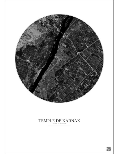 Affiche Temple De Karnak – Poster vue satellite 5km N&B | Gravura – Fond clair