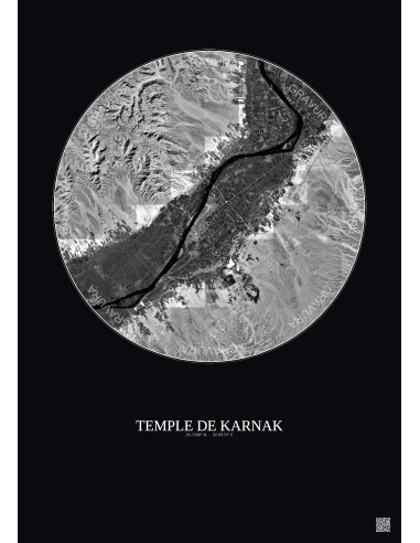 Affiche Temple De Karnak – Poster vue satellite 20km N&B | Gravura – Fond foncé