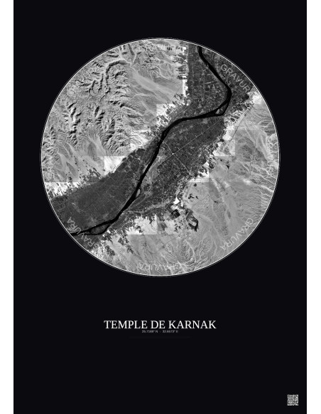 Affiche Temple De Karnak – Poster vue satellite 20km N&B | Gravura – Fond foncé