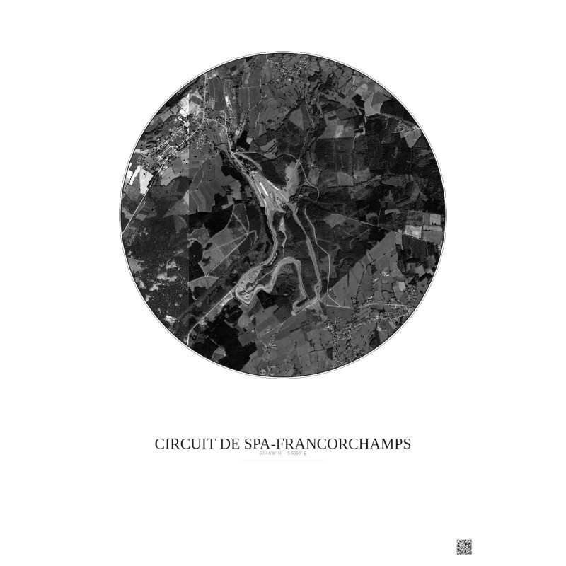 Affiche Circuit De Spa Francorchamps – Poster vue satellite 2.5km N&B | Gravura – Fond clair