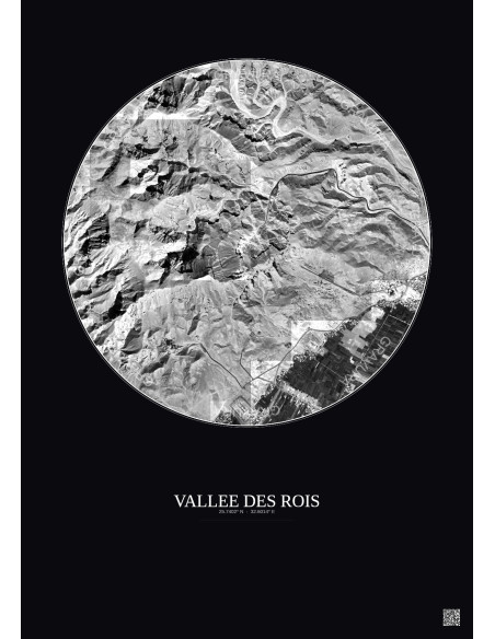 Affiche Vallee Des Rois – Poster vue satellite 2.5km N&B | Gravura – Fond foncé
