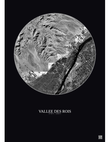 Affiche Vallee Des Rois – Poster vue satellite 10km N&B | Gravura – Fond foncé