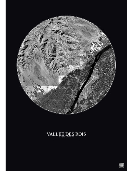 Affiche Vallee Des Rois – Poster vue satellite 10km N&B | Gravura – Fond foncé