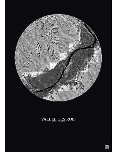 Affiche Vallee Des Rois – Poster vue satellite 20km N&B | Gravura – Fond foncé