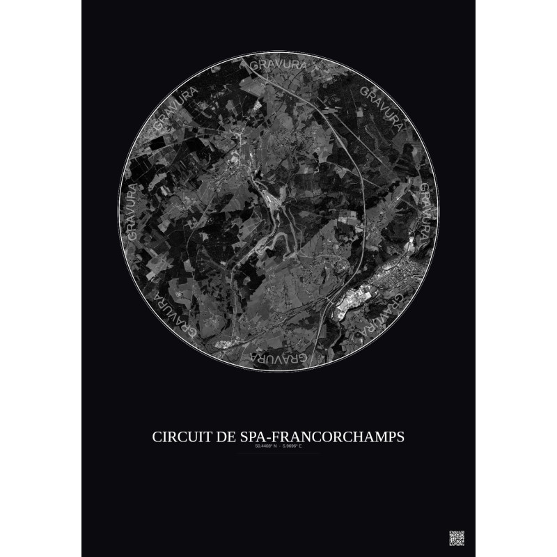 Affiche Circuit De Spa Francorchamps – Poster vue satellite 5km N&B | Gravura – Fond foncé