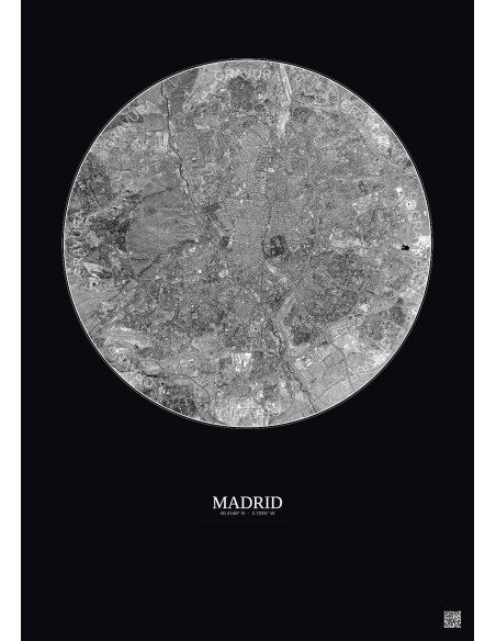 Madrid Satellite View Poster 10km B&W | Gravura – Dark background