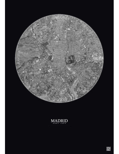 Affiche Madrid – Poster vue satellite 6km N&B | Gravura – Fond foncé