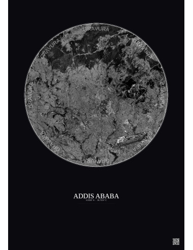 Affiche Addis Ababa – Poster vue satellite 10km N&B | Gravura – Fond foncé