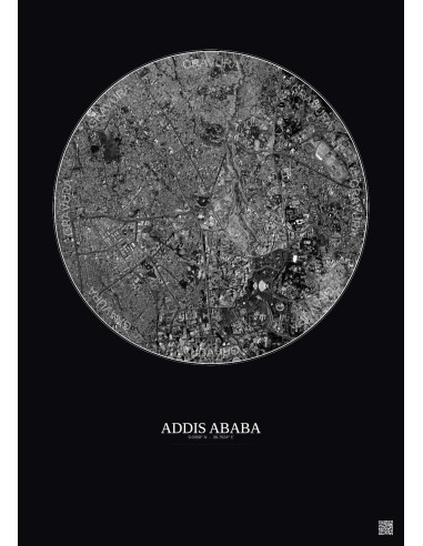 Affiche Addis Ababa – Poster vue satellite 2.5km N&B | Gravura – Fond foncé