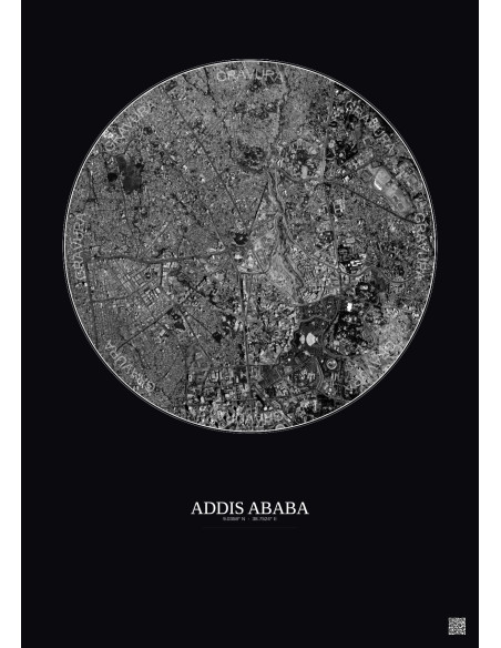 Affiche Addis Ababa – Poster vue satellite 2.5km N&B | Gravura – Fond foncé