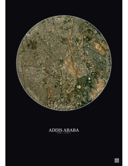 Affiche Addis Ababa – Poster vue satellite 2.5km Couleur | Gravura – Fond foncé