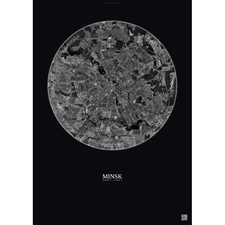 Affiche Minsk – Poster vue satellite 10km N&B | Gravura – Fond foncé