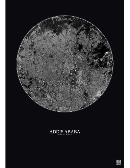 Affiche Addis Ababa – Poster vue satellite 6km N&B | Gravura – Fond foncé