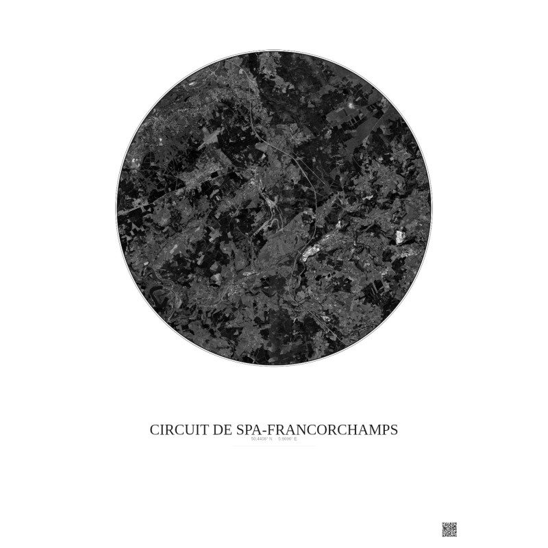 Affiche Circuit De Spa Francorchamps – Poster vue satellite 10km N&B | Gravura – Fond clair