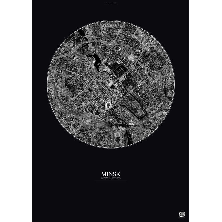 Affiche Minsk – Poster vue satellite 2.5km N&B | Gravura – Fond foncé