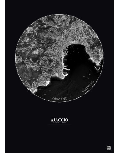Affiche Ajaccio – Poster vue satellite 2.5km N&B | Gravura – Fond foncé