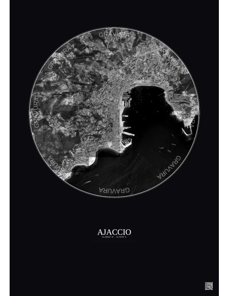 Affiche Ajaccio – Poster vue satellite 2.5km N&B | Gravura – Fond foncé