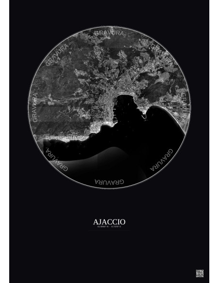 Affiche Ajaccio – Poster vue satellite 5km N&B | Gravura – Fond foncé