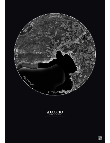 Affiche Ajaccio – Poster vue satellite 10km N&B | Gravura – Fond foncé