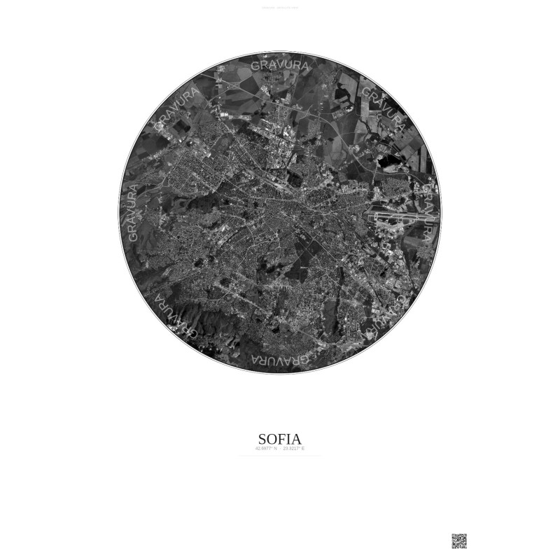 Affiche Sofia – Poster vue satellite 10km N&B | Gravura – Fond clair