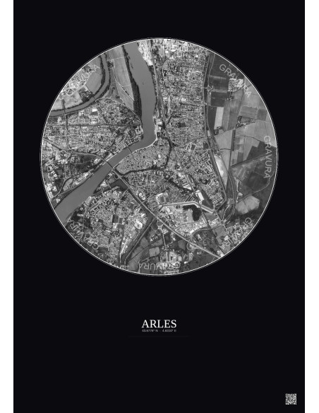 Affiche Arles – Poster vue satellite 2.5km N&B | Gravura – Fond foncé