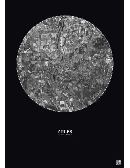 Affiche Arles – Poster vue satellite 10km N&B | Gravura – Fond foncé