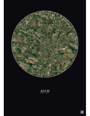 Affiche Auch – Poster vue satellite 2.5km Couleur | Gravura – Fond foncé
