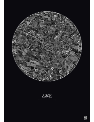 Affiche Auch – Poster vue satellite 2.5km N&B | Gravura – Fond foncé