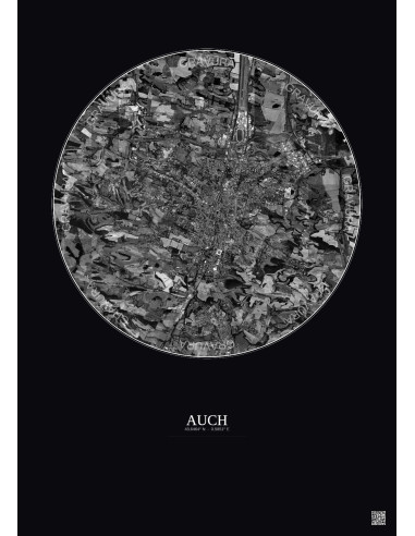 Affiche Auch – Poster vue satellite 5km N&B | Gravura – Fond foncé