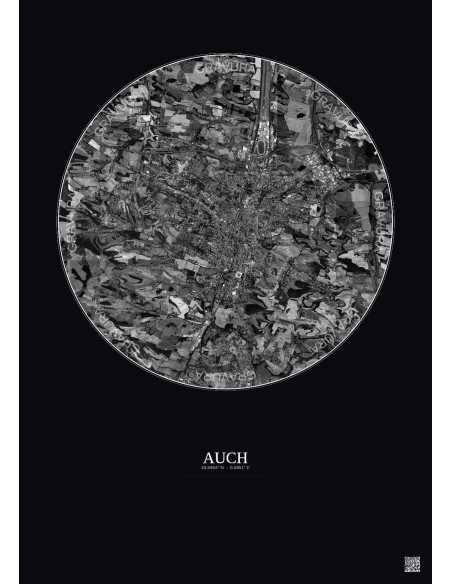 Affiche Auch – Poster vue satellite 5km N&B | Gravura – Fond foncé