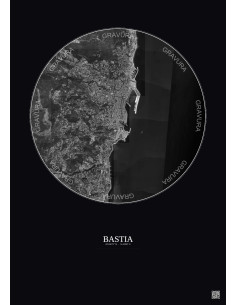 Bastia Satellite View Poster 2.5km B&W | Gravura – Dark background