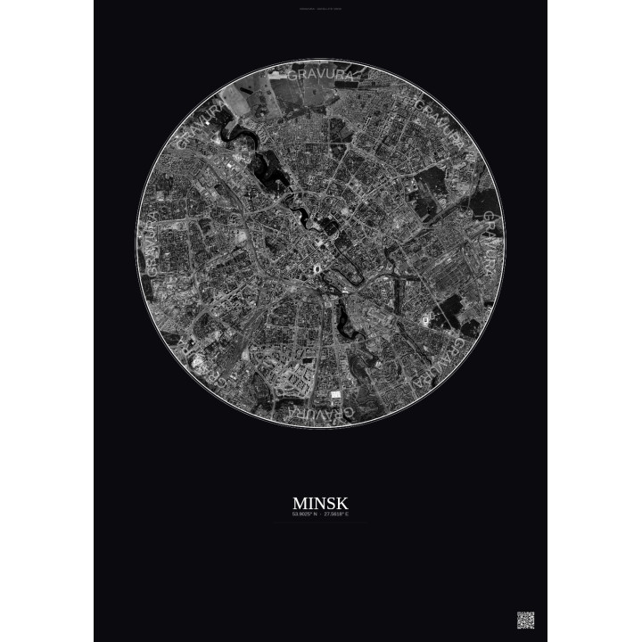 Affiche Minsk – Poster vue satellite 6km N&B | Gravura – Fond foncé