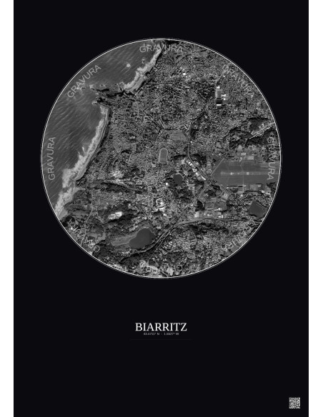 Affiche Biarritz – Poster vue satellite 2.5km N&B | Gravura – Fond foncé