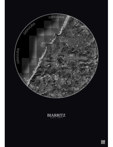 Affiche Biarritz – Poster vue satellite 5km N&B | Gravura – Fond foncé