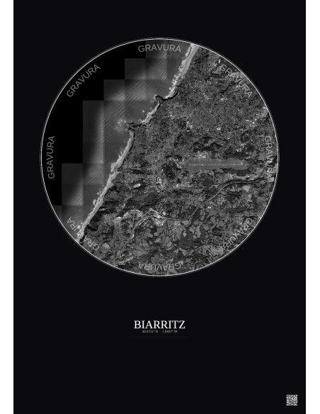 Affiche Biarritz – Poster vue satellite 5km N&B | Gravura – Fond foncé