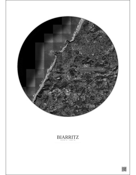 Affiche Biarritz – Poster vue satellite 5km N&B | Gravura – Fond clair